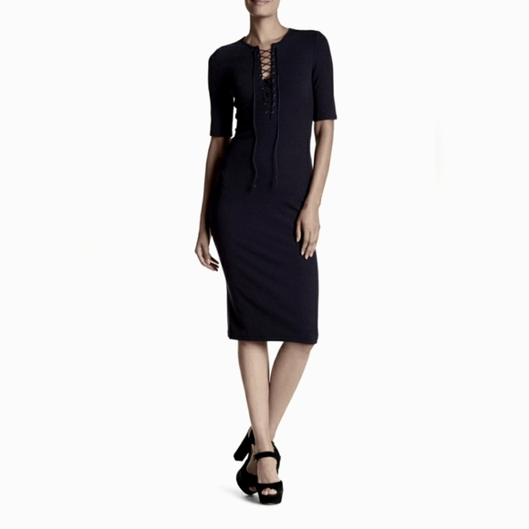Derek Lam 10 Crosby Elegant Black Midi Dress. Short Sleeves. Knit Ribbed Lace Up - Picture 1 of 15